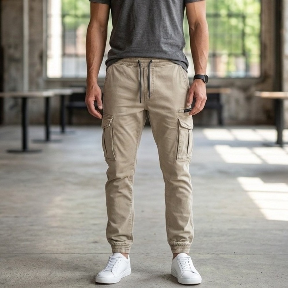 Peacocks Cargo‎ Jogger Pants Men's 32R Khaki Gorpcore Drawstring Hiking 6 Pocket